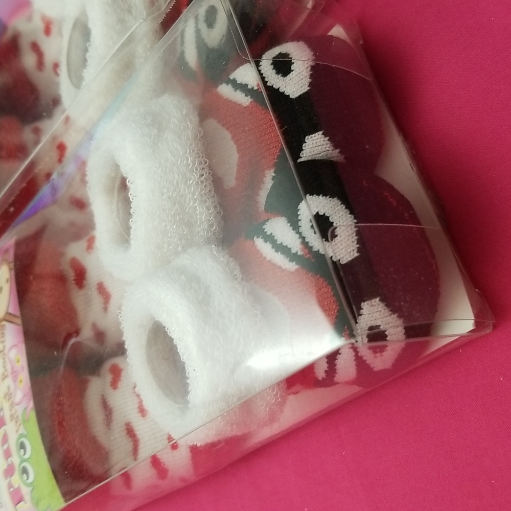 Pink Cookie Ladybug and Red Hearts Infant Baby Booties Socks. 2 Boxes. 4 pairs